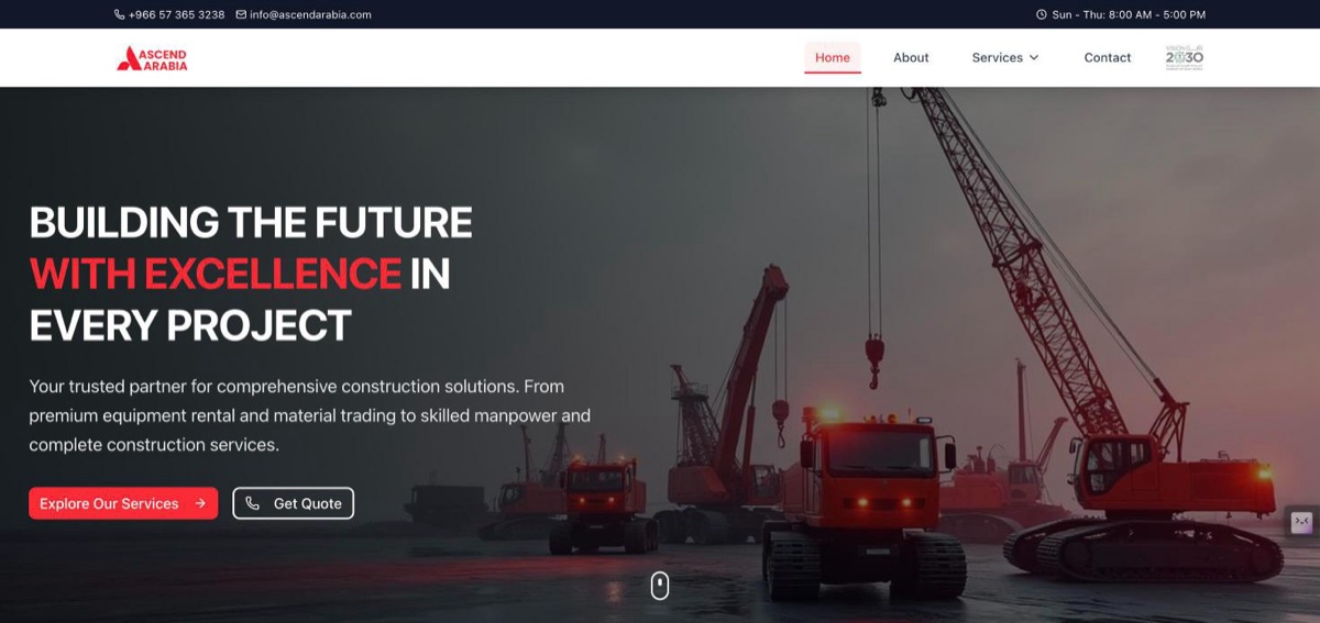 Ascend Arabia homepage: Building the future with excellence in every project, over cranes at dusk