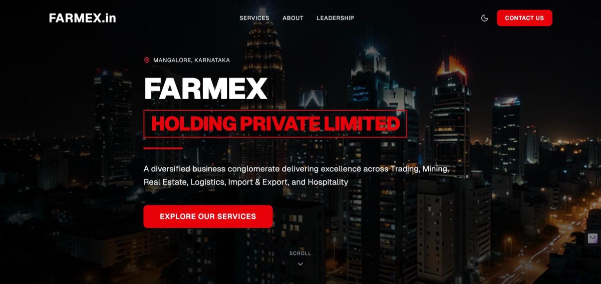 Farmex Holding homepage over a night city skyline