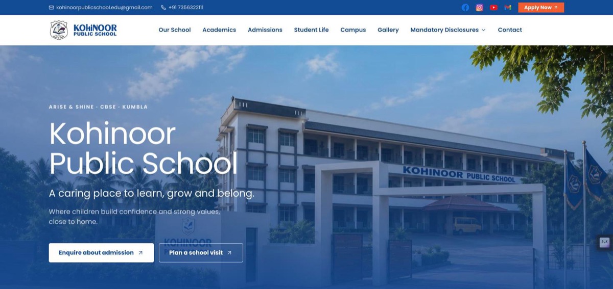 Kohinoor Public School homepage with the school building and admission buttons