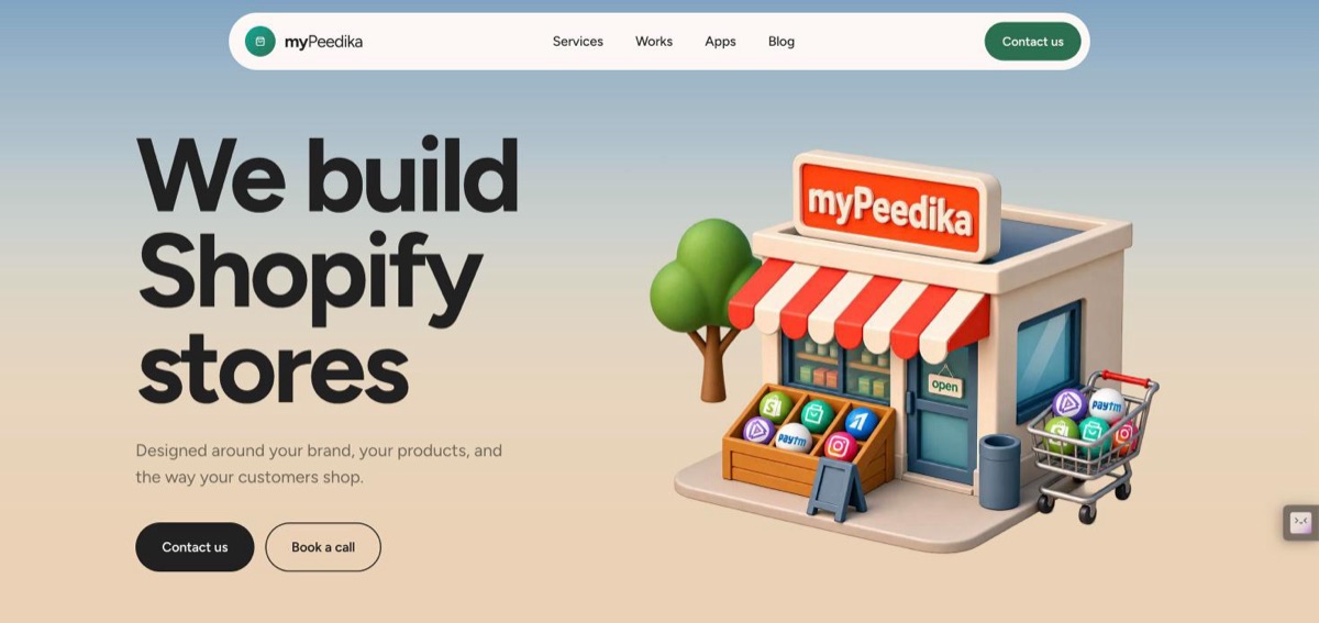 myPeedika homepage: We build Shopify stores, with a 3D illustrated shop