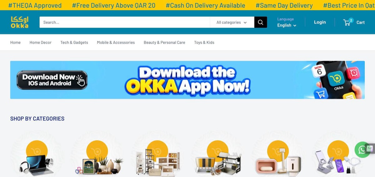 Okka.qa homepage: category navigation, search, and an app download banner