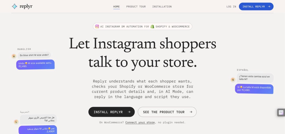 Replyr homepage: Let Instagram shoppers talk to your store, with chat examples in several languages