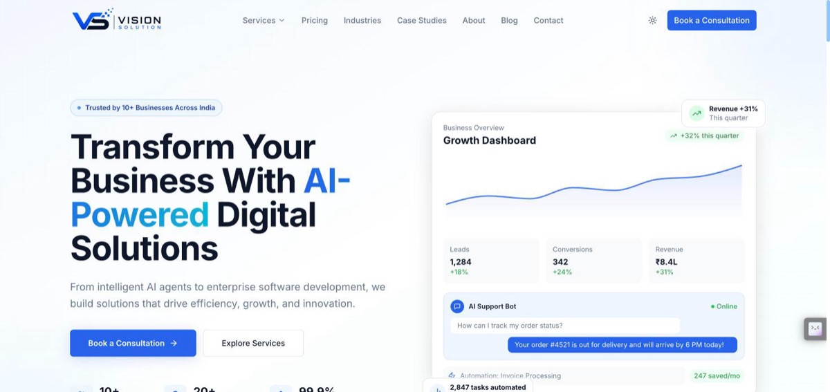 Vision Solution homepage with a growth dashboard illustration