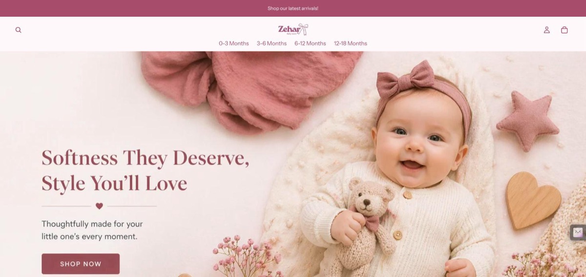 Zehar Baby Store homepage with age-based navigation and a hero photo